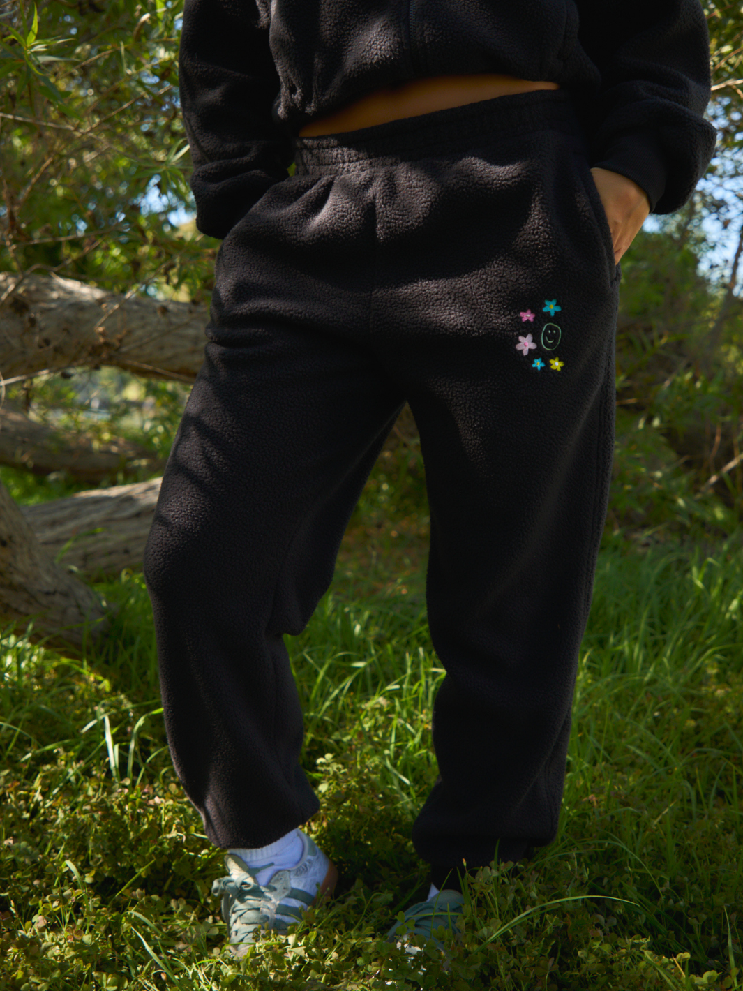 Floral Sherpa Sweatpants - Black
