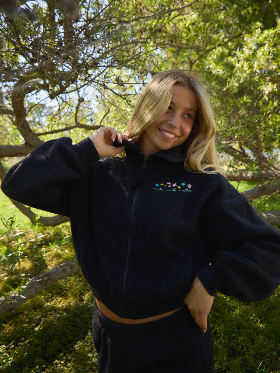 Floral Sherpa Quarter Zip - Black