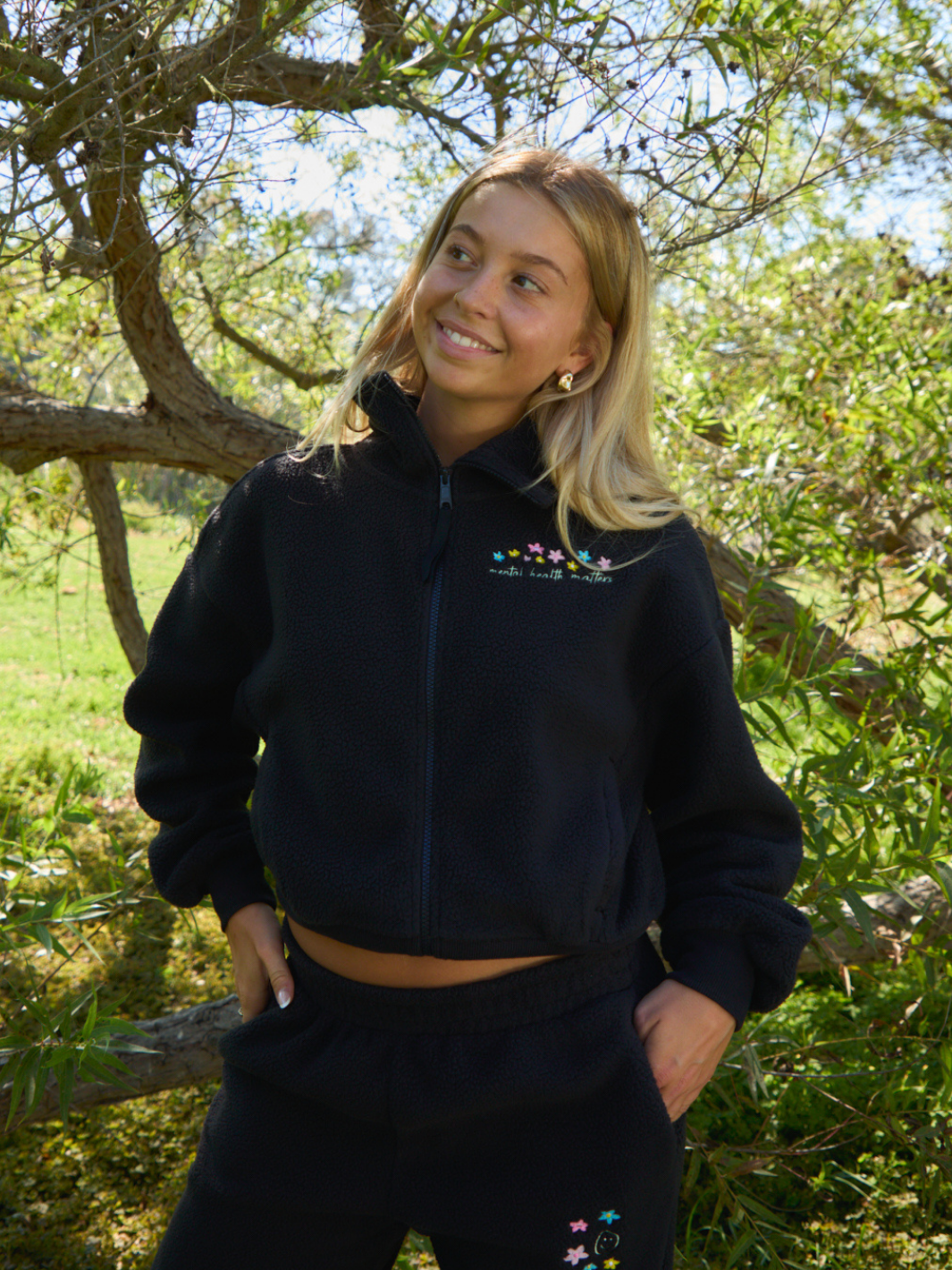 Floral Sherpa Quarter Zip - Black